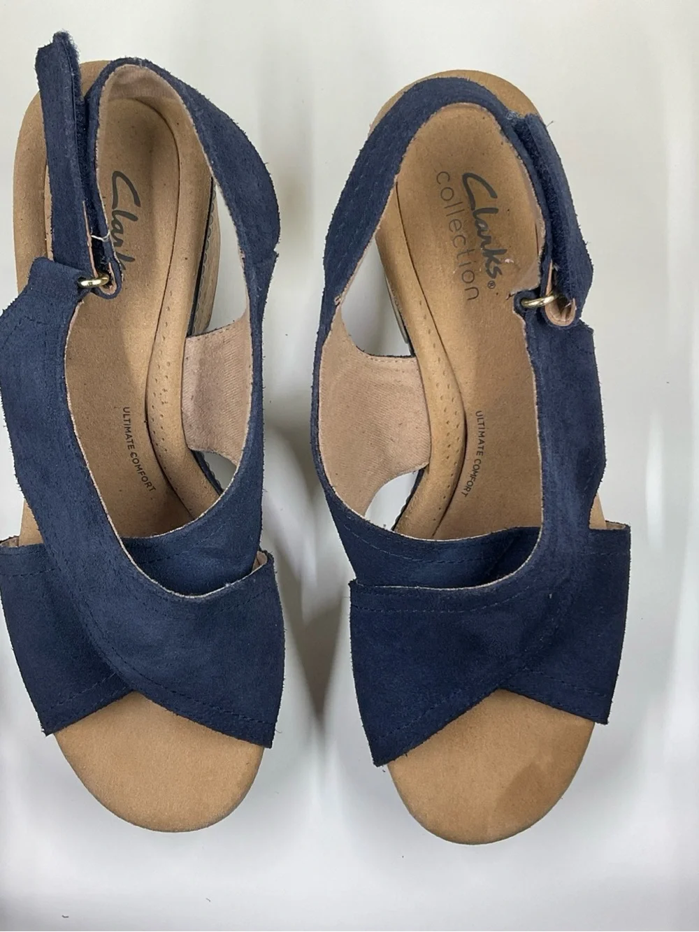 Clarks Navy Suede Cork Wedge Sandals